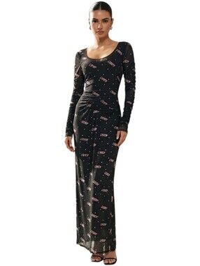 Envii Encandy Black Mesh Long Sleeve Maxi Dress Pink Candy Print Ruched Size M